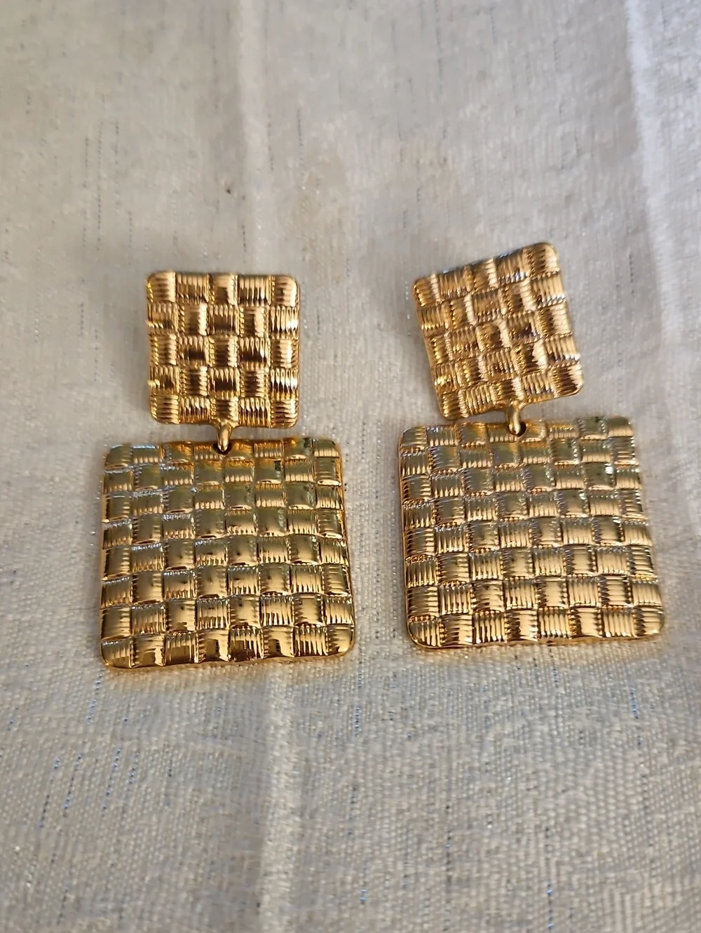 Gold-Tone Basketweave Square Clip-on Drop Earrings